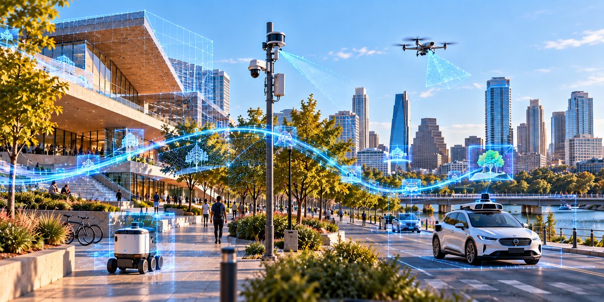 City scene where buildings, a delivery robot, a drone and a connected car share spatial data through SpatialDDS