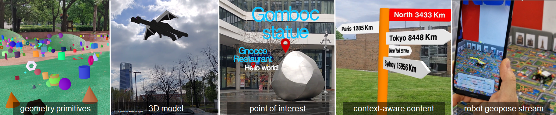 spARcl reference client showing geometry primitives, 3D models, points of interest, context-aware content, and robot geopose streams